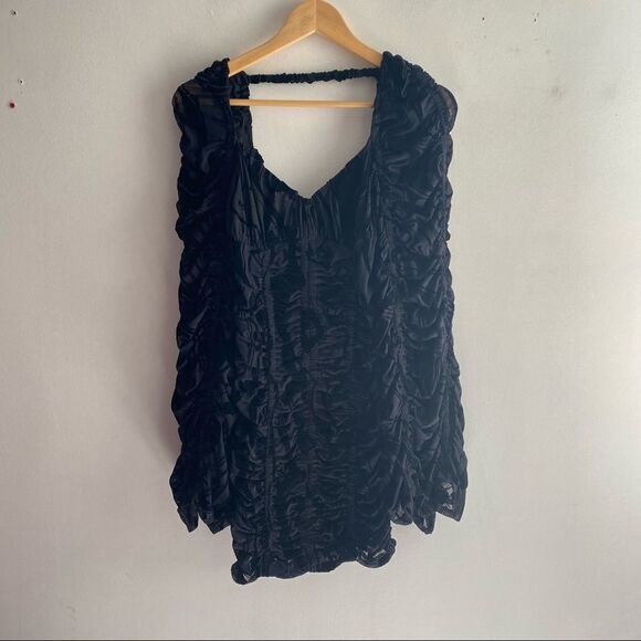 NWT Rotate Birger Christensen black Rikke ruched flocked flare sleeve mini dress - Picture 3 of 9